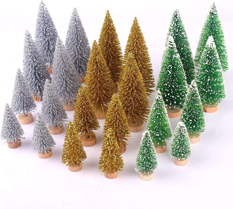 Photo 1 of Desktop Miniature Pine Tree Tabletop Christmas Tree Small Pine Tree Decor Christmas Tree Toppers (Silver/Gold/Green 24pcs)
