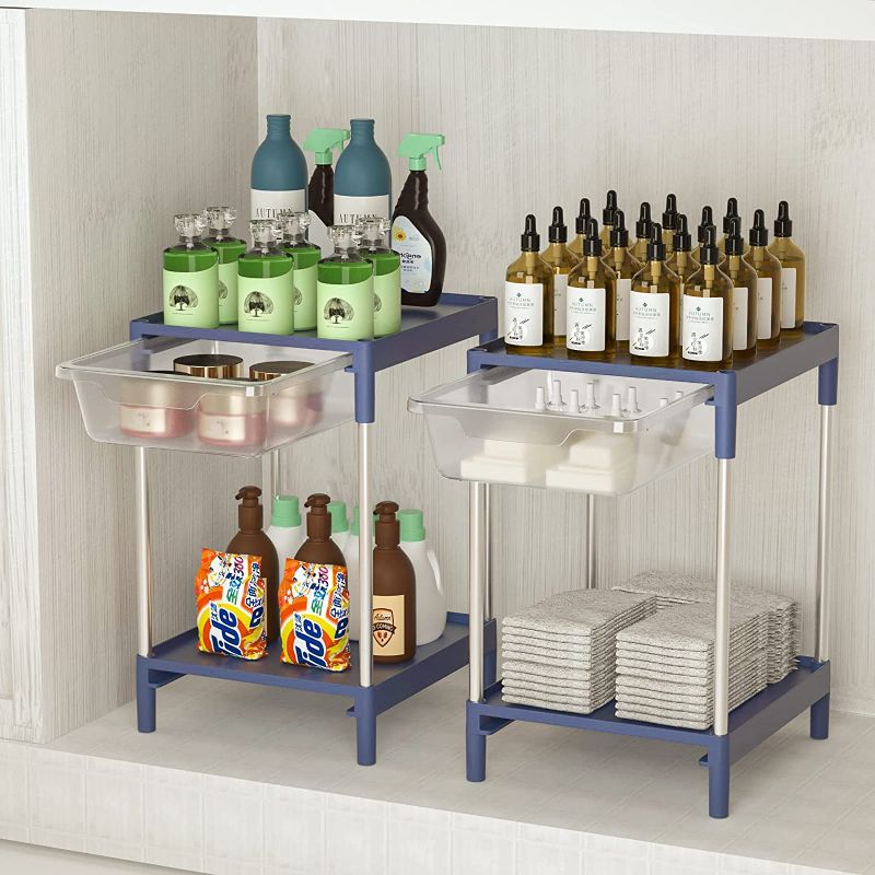 Photo 1 of 2 Pack Bathroom Organizers Under Sink Organizers and Storage 2 Tier Kitchen Under Cabinet Organizer Shelf with Drawer
