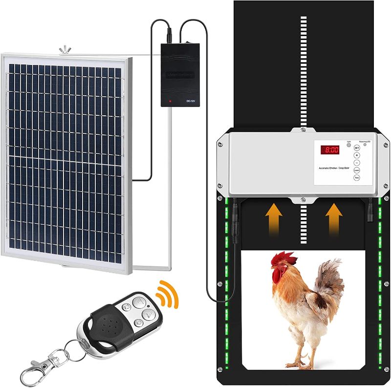 Photo 1 of Solar Powered Chicken Coop Door, Automatic Chicken Coop Door with Light Sensor, Timer and Remote Control, Full Aluminum Chicken Door Opener, Predator Resistant Self-Locking Gears, for Home Farms
