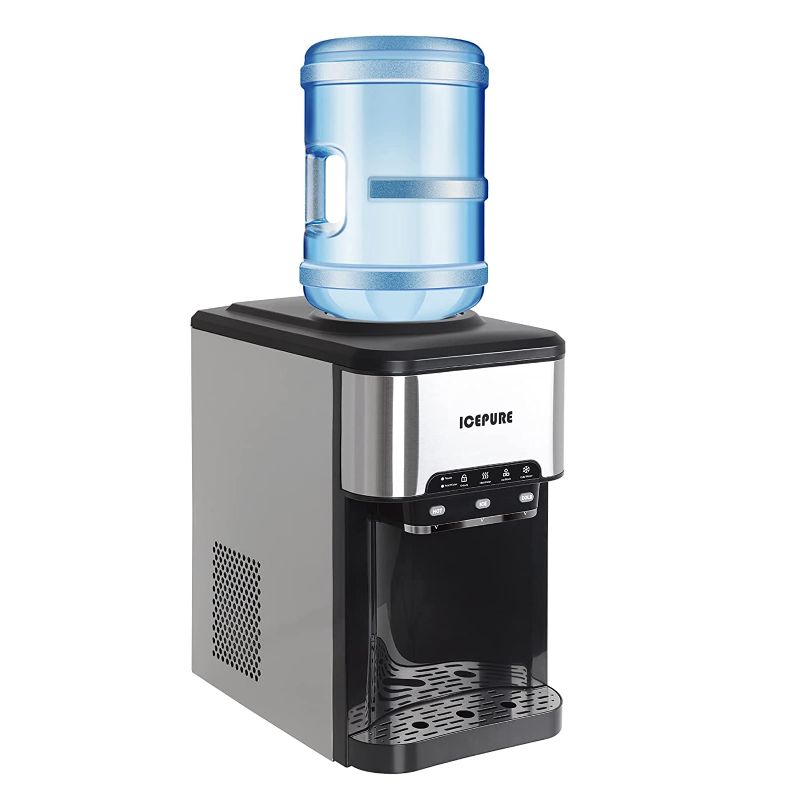 Photo 1 of ICEPURE 3-in-1 Water Cooler Dispenser with Built-in Ice Maker Top Loading Water Cooler Quick Make hot Cold Water & Bullet-Shaped ice Cube 44lbs/24hrs Countertop for Home/Office/Dormitorhoury
