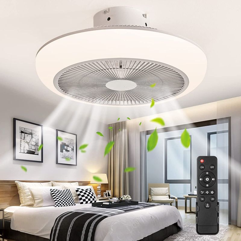 Photo 1 of YAMAFOO Modern Bladeless Ceiling Fan with Light, 18in Fan Light with Remote Control, Enclosed Low Profile Fan Light, Flush Mount Fan Light, Dimmable LED, 3 Color & 3 Wind Speed(Silver gray)
