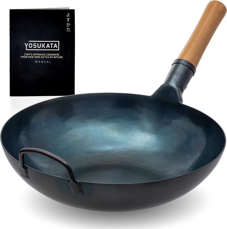 Photo 1 of YOSUKATA Flat Bottom Wok Pan - 13.5" Blue Carbon Steel Wok - Preseasoned Carbon Steel Skillet - Traditional Japanese Cookware - Carbon Steel Pan for Electric Induction Cooktops Woks and Stir Fry Pans
