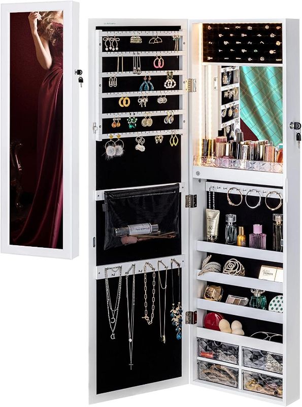 Photo 1 of LUXFURNI Mirror Jewelry Cabinet 79 LED Lights Wall-Mount/ Door-Hanging Armoire, Lockable Storage Organizer w/ Drawers (White)
