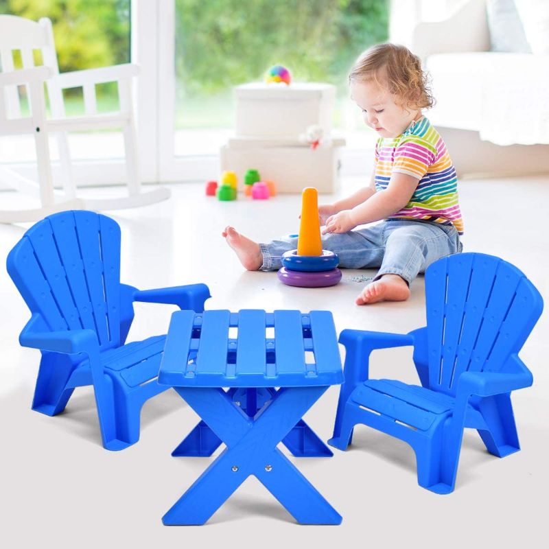 Photo 1 of Costzon Kids Table and Chair Set, Outdoor Toddler Activity Table and Adirondack Chairs for Picnic, Garden, Patio, Backyard & Beach, Kids Outdoor Table & Chairs (Blue)
