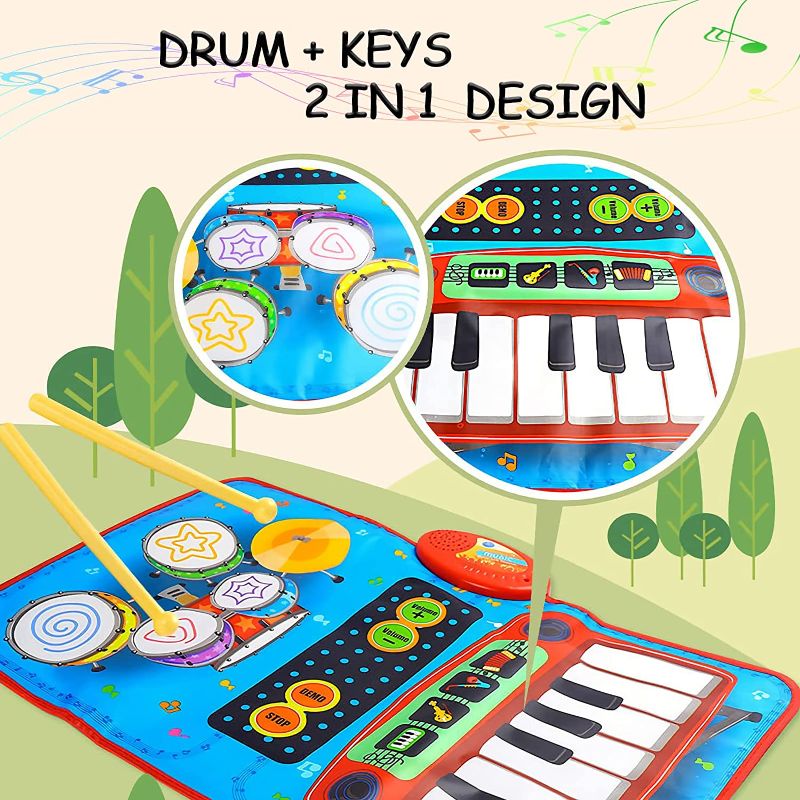Photo 1 of Xildir Kids 2 in 1 Musical Mat with Piano and Drum, Portable Mini Table Music Touch Keyboard Playmat Blanket Toys with 4 Different Instruments Sound, Gift for Child Girl Boy Toddler, 27.5'' x17.7''