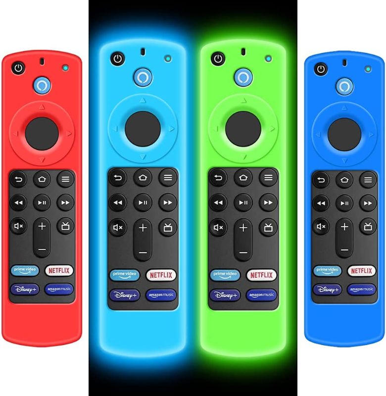 Photo 1 of 4 Pack Case for Alexa Voice Remote 3rd Gen 2021, Protective Cover for Fire TV Stick 4k 2021 Remote Control Replacement All-New Silicone Sleeve Skin Holder Protector-Glow Blue,Glow Green,Red,Blue
