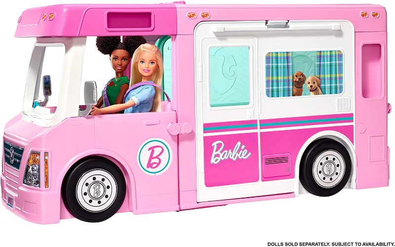 Photo 1 of Barbie Camper 3-in-1 DreamCamper Toy Playset Transforming Camper with Pool, Truck and Boat 60 Barbie Accessories Kids Toys and Gifts
