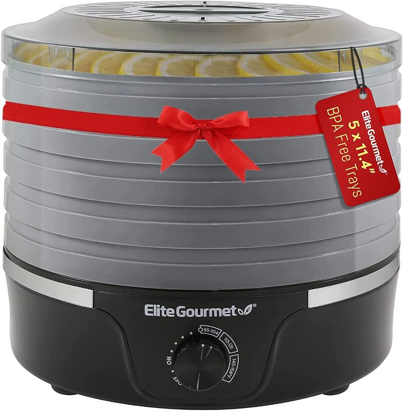 Photo 1 of Elite Gourmet EFD319BNG Food Dehydrator, 5 BPA-Free 11.4" Trays Adjustable Temperature Controls, Jerky, Herbs, Fruit, Veggies, Dried Snacks, Black and Grey, 5 Trays
