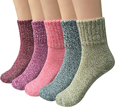 Photo 1 of 5 Pairs Womens Wool Socks Thick Knit Vintage Winter Warm Cozy Crew Socks Gifts
