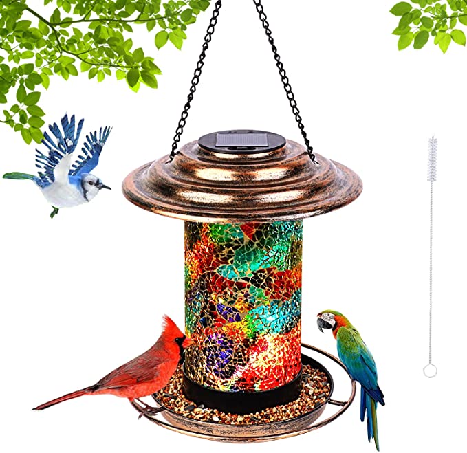 Photo 2 of Bird Feeders for Outdoors Hanging, Metal Wild Bird Feeder for Cardinals Solar Garden Lantern Birdfeeder 2LBs Large Capacity 360°Feeding Mosaic Glass Waterproof Bird Feeder with S Hook and Brush