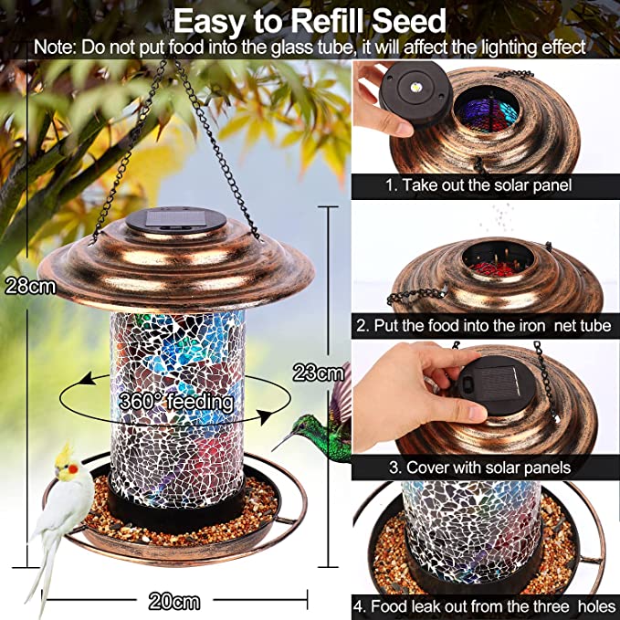 Photo 1 of Bird Feeders for Outdoors Hanging, Metal Wild Bird Feeder for Cardinals Solar Garden Lantern Birdfeeder 2LBs Large Capacity 360°Feeding Mosaic Glass Waterproof Bird Feeder with S Hook and Brush