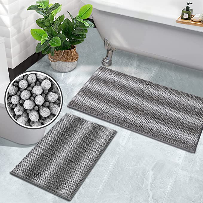 Photo 1 of Bathroom Rugs, Non-Slip Bath Mat Set of 2 Water Absorbent Bathroom Rugs, Chenille Bath Rug Set, Machine Washable (20" x 32" plus 16" x 24", Dark Gray)