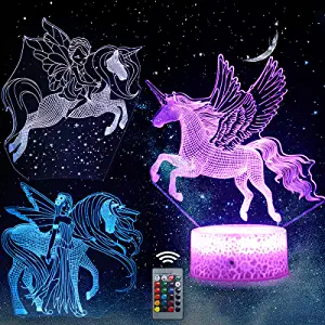 Photo 1 of Gymwebeek 3D Unicorn Gifts Lamps 3 Patterns Decor Night Lights for Kids Room with Remote Control and Smart Touch 7+16 Color Changing, Dimmable Unicorn Pegasus Gift Toys for Girls 4 5 6 7 8 9 Years Old