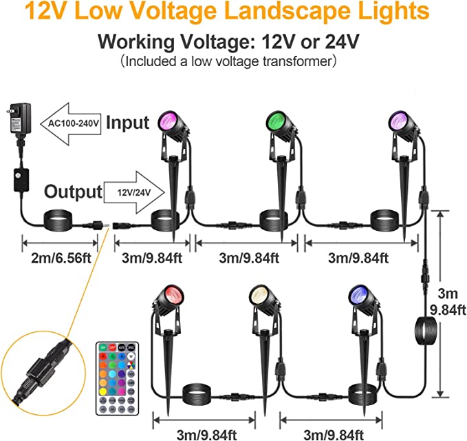 Photo 2 of GreenClick Halloween RGB LED Low Voltage 6-in-1 Spotlights with Remote Control, 8 Modes 16 Color Changing LED Lights with 12V Transformer IP65 Waterproof, Outdoor Garden Tree
