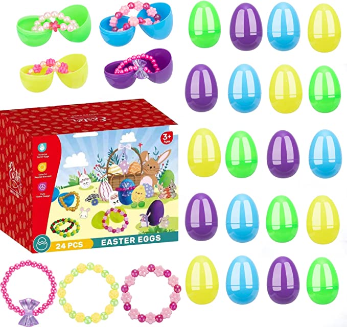 Photo 1 of  Fillable Plastic Easter Eggs Pre-Filled with Colorful Beaded Bracelets, Bulk Surprise Eggs, Basket for Party Favors, Easter Hunt Games, Classroom Rewards, Spring Toys for Girls and Toddlers---factory sealed