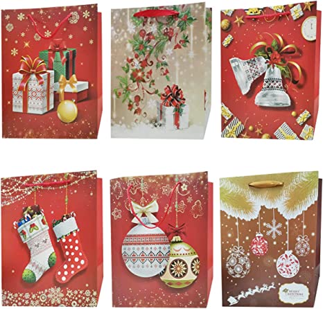 Photo 1 of  Christmas Gift Bags with Handles, Assorted Christmas Gift Bags with Silver Glitter Surface, Pack of 6