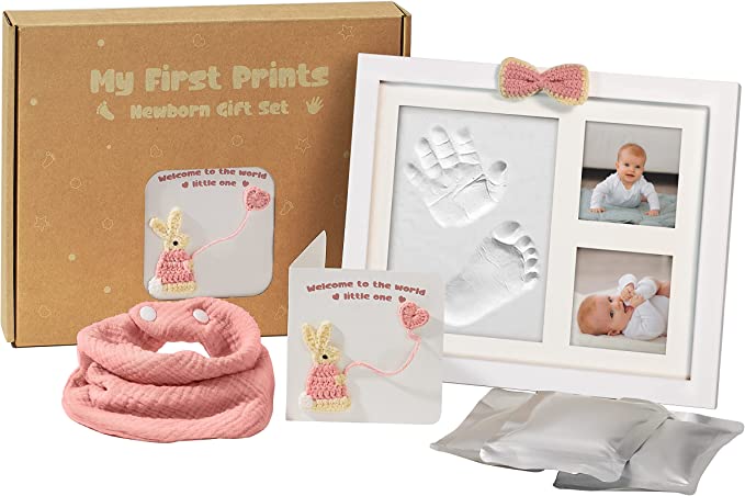 Photo 1 of Baby Hand and Footprint Kit, Baby Shower Gifts for Mom, Newborn, Girls, Boys, with Handmade Greeting Card, Bibs----factory sealed