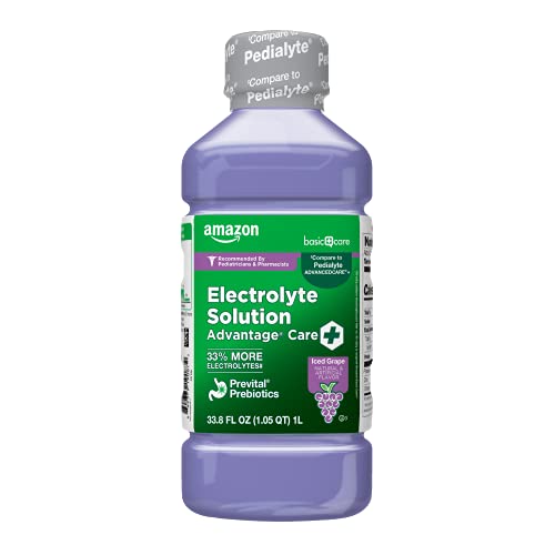 Photo 1 of AMAZON BASIC CARE ADVANTAGE CARE PLUS ELECTROLYTE SOLUTION, ICED GRAPE, HELPS PREVENT DEHYDRATION, FLUIDS, ZINC AND ELECTROLYTES, 1 LITER---exp date 01-2023