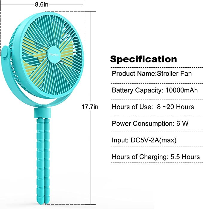 Photo 2 of GagetElec 8 Inch Baby Stroller Fan, 10000mAh Personal Portable Fan, 4 Speed ??Car Seat Fan, Baby Fan with Flexible Tripod to Fix on Stroller, Car Seat, Golf Cart