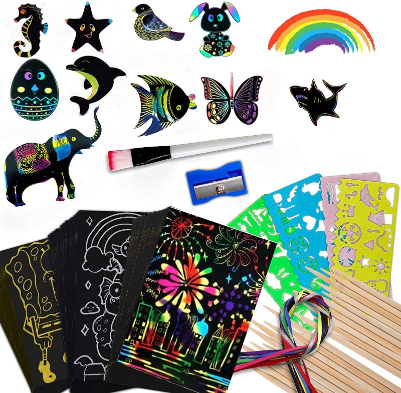 Photo 1 of Scratch Art for Kids, 118 Pcs Rainbow Scratch Paper Black Color Scratch Paper Craft Note Sheets for Boys Girls Kids Fun DIY Toy Game Birthday Christmas Easter Craft Gifts