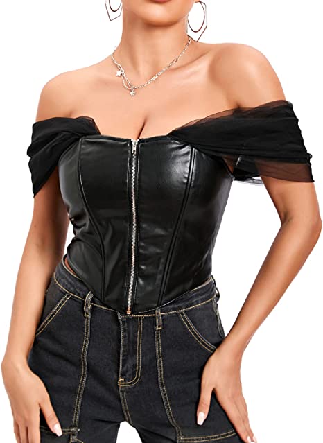 Photo 1 of CYCLAMEN Adjustable Lace Up Leather Corset Off Shoulder Zip Front Boned Bustier Goth Punk Sexy Crop Top, Size XL
