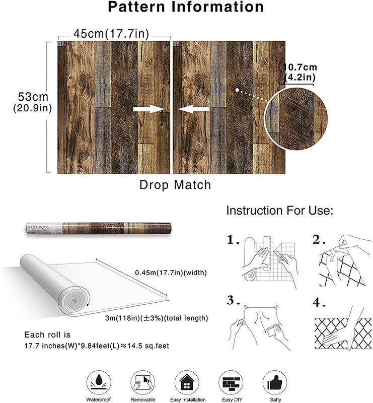 Photo 2 of 2 PACK--HaokHome 92048-2 Peel and Stick Wood Plank Wallpaper Shiplap 17.7in x 9.8ft Brown Vinyl Self Adhesive Decorative
