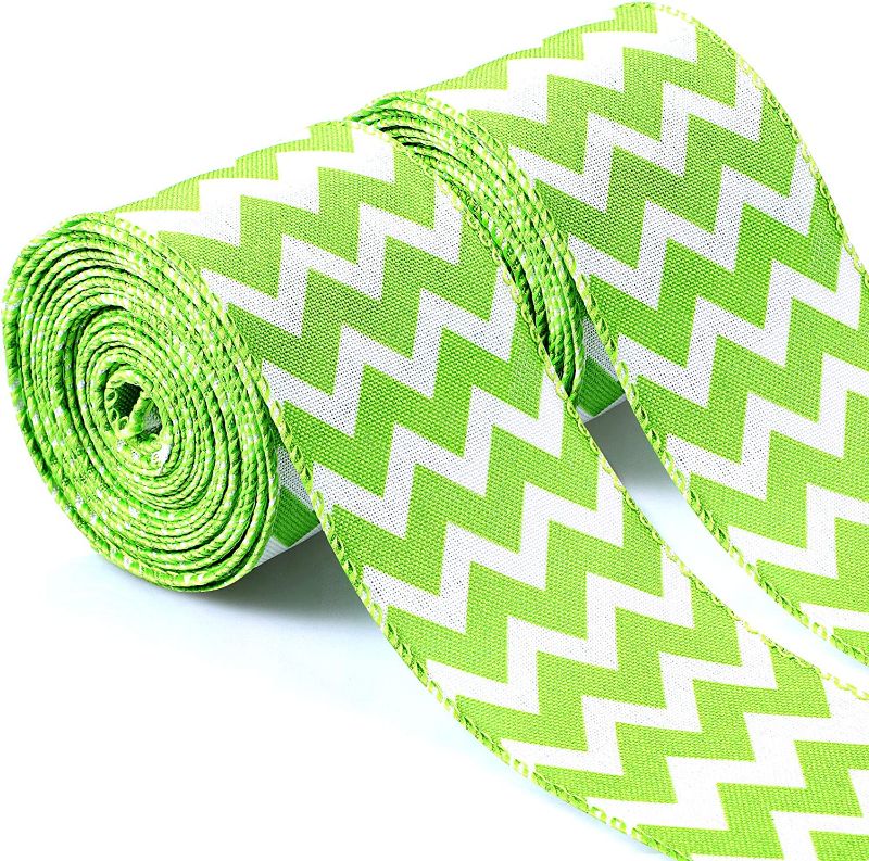 Photo 1 of 2 Rolls of Easter Burlap Ribbon Wired Edge Ribbon Wave Pattern Fabric Ribbons for DIY Craft Package Wrapping Easter Decorations, 2.5 Inch x 10 Yards Each Roll (Grass Green)
