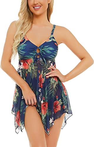 Photo 1 of FINWANLO Womens Two Piece Swimsuits Tankini Top Set Mesh Swimdress Printed Swimwear with Boyshort Bathing Suits, Large
