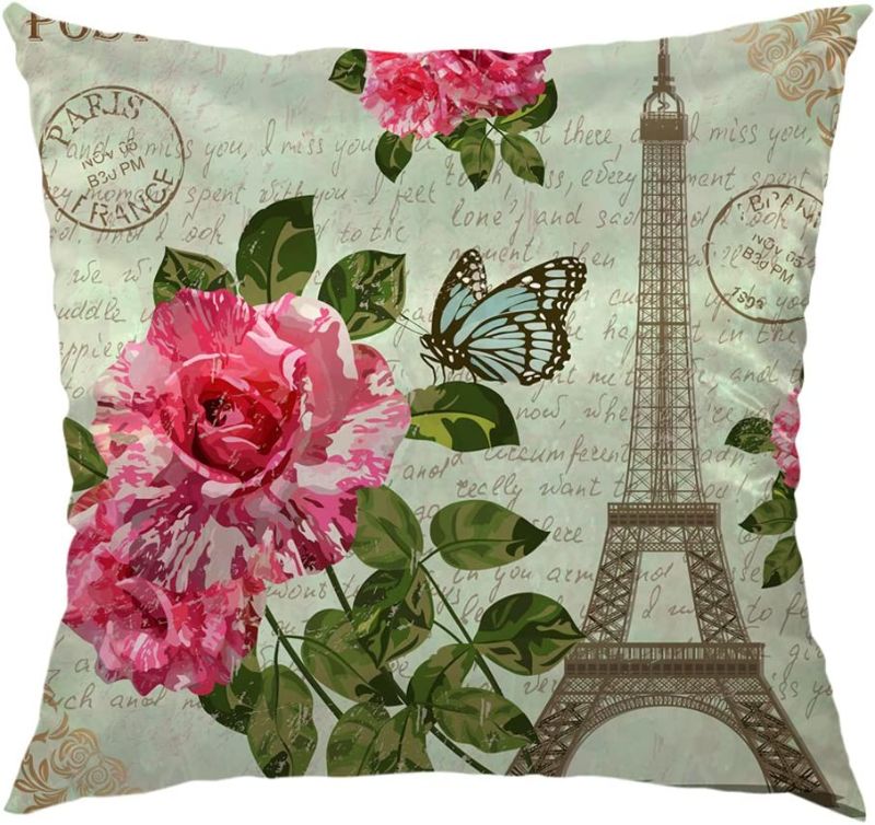 Photo 1 of HGOD DESIGNS Paris Pillow Covers,Vintage Paris Flower and Eiffel Tower Postcard Satin Cushion Pillowcase Square Standard Home/Sofa Decorative for Men/Women 18x18 inch Green, Red
