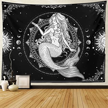 Photo 1 of Black and White Tapestry Mermaid Tapestry Flower Mandala Tapestry Burning Sun Tapestry for Bedroom Aesthetic Room Decor W59.1" × H51.2"
