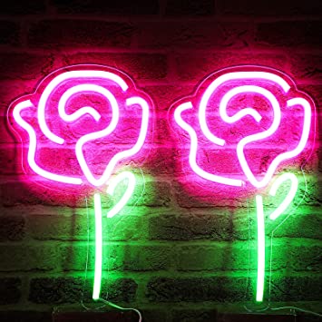 Photo 1 of 2 Pieces 15 x 9 Inch Pink Rose Flower Neon Signs with Green Stem Wall Sign Rose Flower Led Signs for Valentine Birthday Easter Wall Art Bedroom Decor Home Accessories Party Holiday Supplies