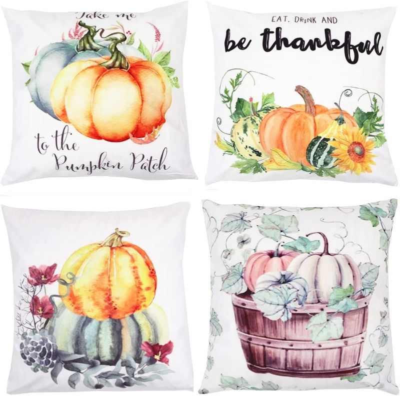 Photo 1 of Autumn Pumpkin Fall Decorative Throw Pillow Covers 16 x 16 Inch Set of 4,ZUEXT Cotton Blend Square Farmhouse Pillowcases Cushion Cover for Car Bed Couch Patio Decor,Halloween Thanksgiving Pillow case
