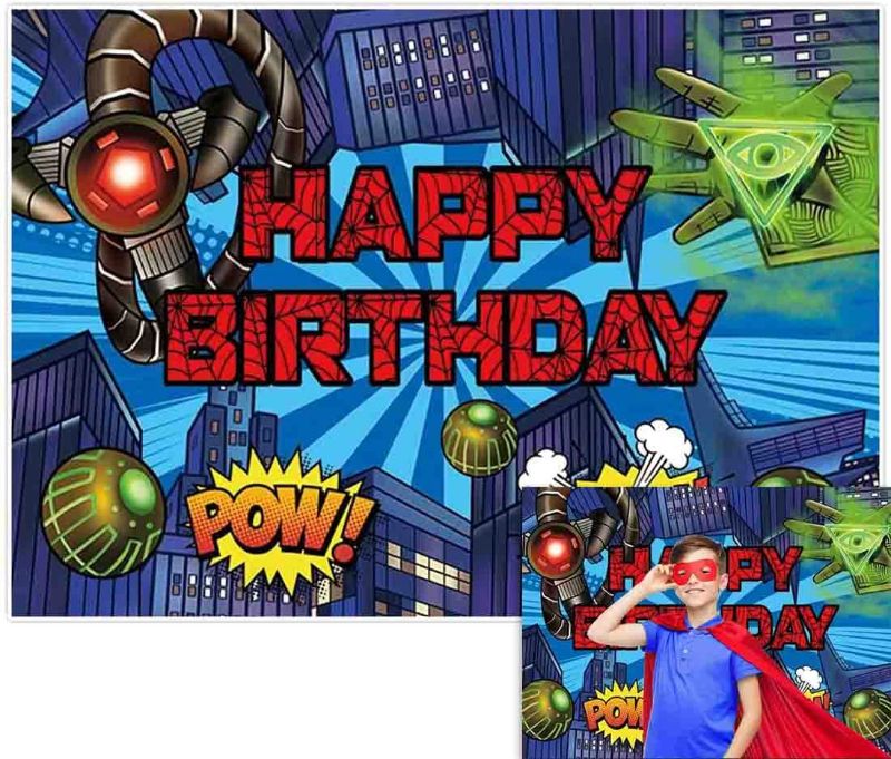 Photo 1 of Allenjoy 82" x 59" Blue Spider Happy Birthday Superhero Backdrop Villain Attack City Web Boom Comics Theme Photography Background for Party Decoration Supplies Banner Baby Shower Photo Booth
