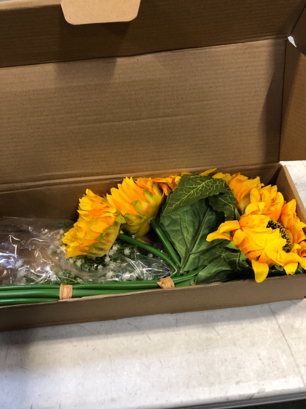 Photo 1 of Bloomst 7PCS Artificial Sunflowers, Fake Sunflowers with 3PCS Artificial Gypsophila, Faux Silk Sunflower Decoration for Thanksgiving Home Party Wedding Decor
