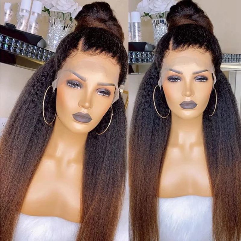 Photo 1 of 1B/30 Ombre Color Kinky Straight Hair Wig 360 HD Transparent Lace Front Wig Human Hair Wigs 150% Density Yaki Straight Human Hair Wig for Women Full End Glueless Brazilian Hair 360 HD Lace Wig 24 inch
