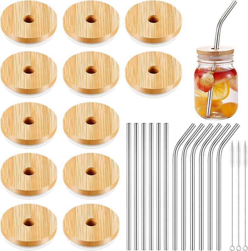 Photo 1 of 12 Pack Bamboo Mason Jar Lids with Straw Hole, Bamboo Lids for Beer Can Glass, 12 Reusable Stainless Steel Straw, 3 Straw Brushes and 1 Velvet Bag for Drinking (Regular Mouth)
