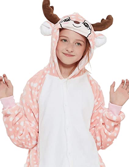 Photo 1 of CASABACO Kid Reindeer Onesie Pajamas Deer Christmas Halloween Costume Boy Girl Animal Onepiece (Pink, 120)
