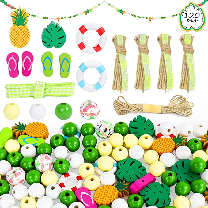 Photo 1 of EFLYING 120 PCS Wooden Beads for Crafts,Summer White Green Yellow Wood Beads for Home Decor with Holes,Natural Round Beads for DIY Crafts Garland Farmhouse Decor,Fresh Tropical Beach Style