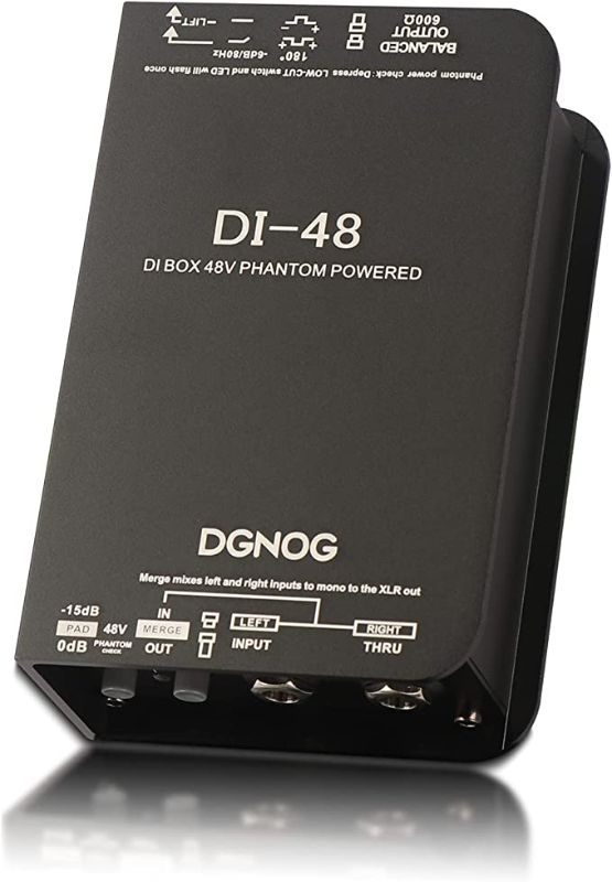 Photo 2 of DGNOG DI48 Active 48V Phantom Powered Direct Box,Merge Function To Mix 2 Signals To Mono Stereo input Di Box,-15dB Pad 180° Polarity Reverse For Guitar musical instrument Recording Signal Direct Boxes