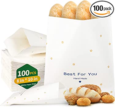 Photo 2 of 100 PCS Paper Bags,8"x10" Paper Sandwich Bags Food Grade Grease Resistant, White with Golden Star Paper Stock Bags for Bakery Cookies,Candies,Treats,Snacks,Sandwiches
