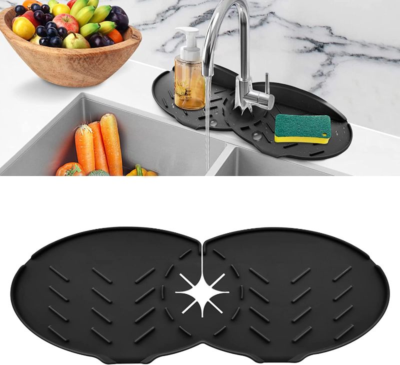 Photo 1 of 14'' Kitchen Silicone Single Faucet Mat, Silicone Faucet Handle Drip Catcher Tray Sink Splash Guard Mat, Drain Faucet Absorbent Mat, Adjustable Pad Splash Guard Behind Faucet Drip Catcher (Upgrade)
