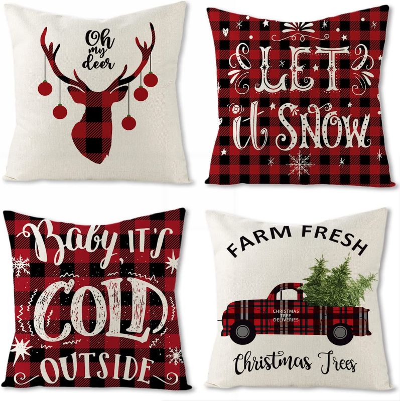 Photo 1 of Christmas Pillow Covers 18 x 18 Inches Set of 4, Christmas Decorations for Cushion Cover Case, Xmas Pillowcase with Santa Deer Snowman Christmas Decor for Home, Throw Pillow Covers for Sofa Couch
