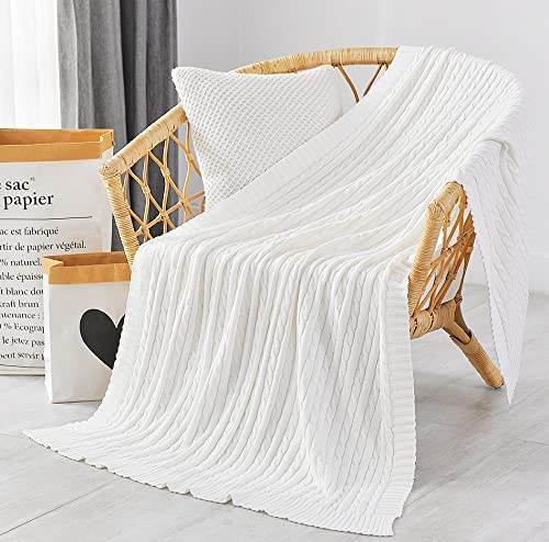 Photo 1 of Alysheer 100% Cotton Cable Knit Bed Throw Blanket 69 x 89 in., Chic Sweater Twist Knitted Pattern All Weather Cozy Soft Warm Lightweight Decorative Sofa Throws for Couch Bed Outdoor Gifts(White)
