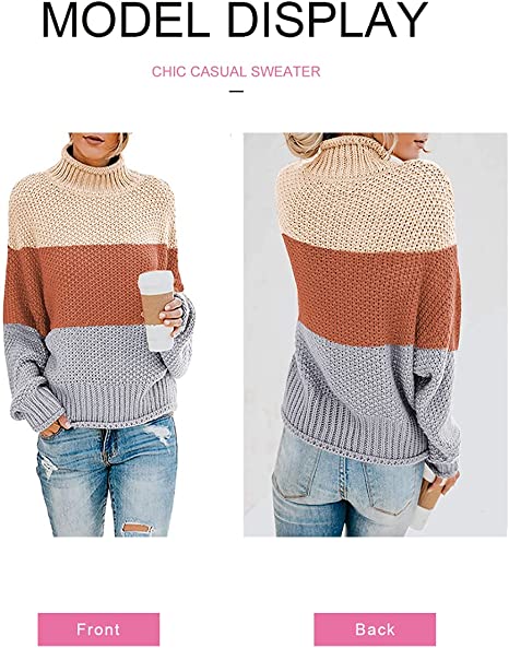 Photo 2 of BLENCOT Womens Color Block Turtleneck Sweaters Batwing Long Sleeve Loose Chunky Knitted Jumpers
