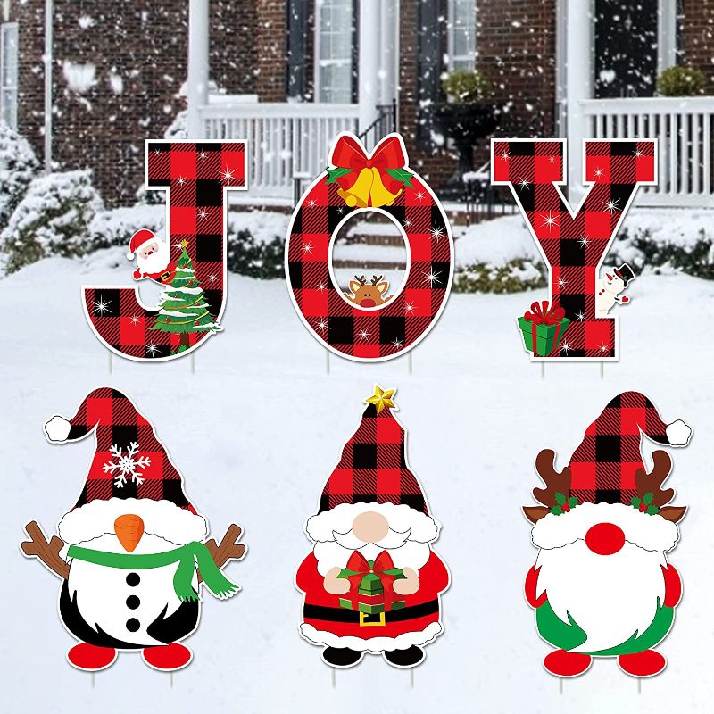 Photo 1 of 6Pcs Christmas Yard Signs Stakes - Buffalo Check Plaid JOY Yard Sign Outdoor Lawn Decorations - Large Xmas Gnome Yard Signs Christmas Decorations - Holiday Outdoor Sign Winter Decorations