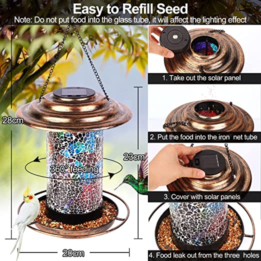 Photo 2 of Bird Feeders for Outdoors Hanging, Metal Wild Bird Feeder for Cardinals Solar Garden Lantern Birdfeeder 2LBs Large Capacity 360°Feeding Mosaic Glass Waterproof Bird Feeder with S Hook and Brush