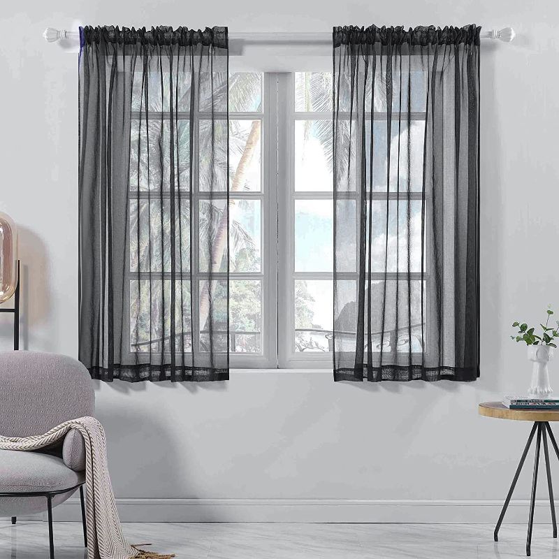 Photo 1 of Black Sheer Curtains 45 Inches Long for Kitchen Rod Pocket Semi Sheer Curtains Drapes for Bedroom Living Room Window Treatment Faux Linen Sheer Draperies Crinkle Ruffled Curtains 2 Pack 52Wx45L