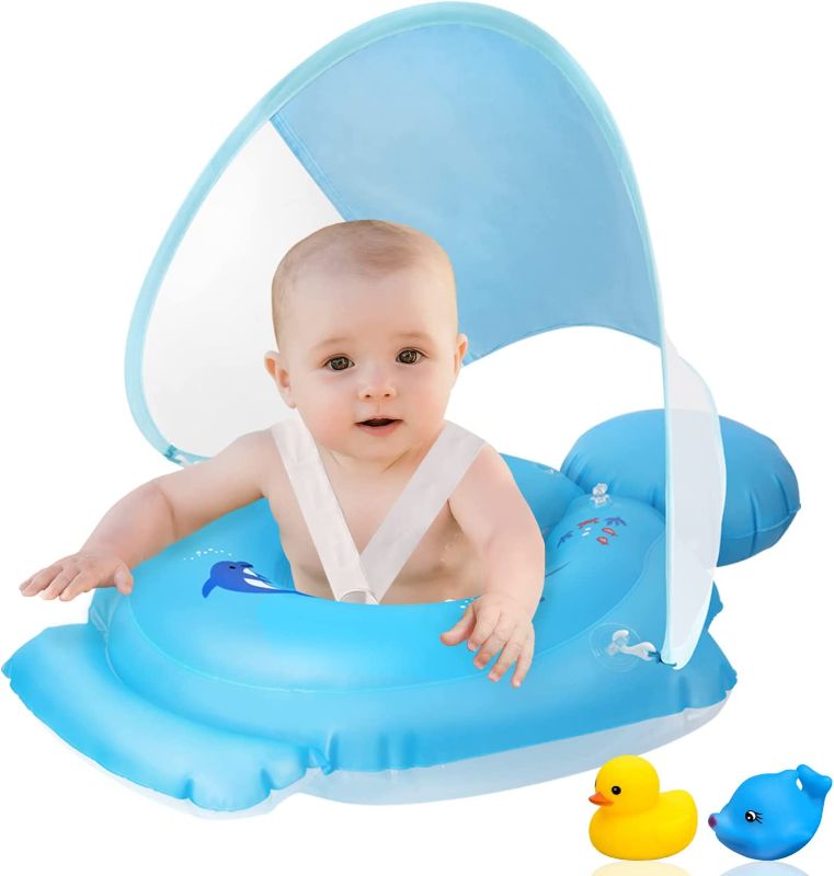 Photo 1 of BABY POOL FLOAT WITH CANOPY, BABY SWIMMING FLOAT ADD TAIL NO FLIP, INFANT POOL FLOAT, INFLATABLE TODDLER POOL FLOAT WITH TOYS FOR AGE OF 3-36 MONTH (LARGE)***FACTORY SEALED- BOXED IS DAMAGED