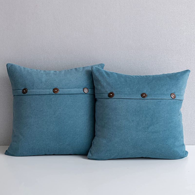 Photo 2 of Anickal Small Blue Pillow Covers 16x16 Inch with Triple Buttons Set of 2 Soft and Thick Farmhouse Decorative Throw Pillow Covers Cushion Case for Home Sofa Couch Decoration