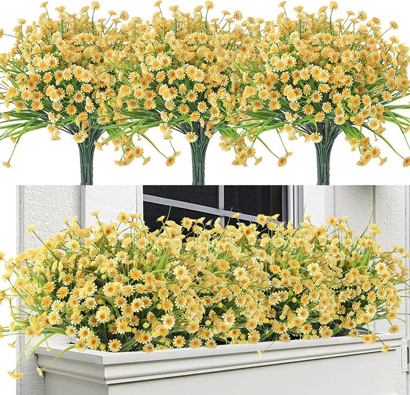 Photo 1 of 6pcs Artificlal Flower Daisy Outdoor Fake Flowers Artificial Flowers for Outdoors UV Resistant Fake Plants Outdoor Plants Faux Plastic Flower for Shrubs Garden Porch Window Hanging Decoration(Yello)
